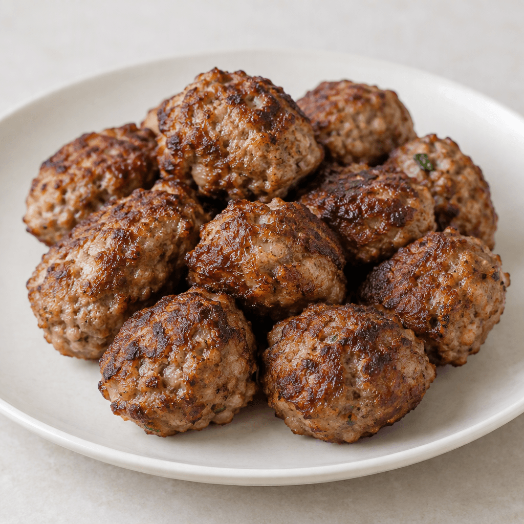 Several small, round to oval meatballs with deeply browned, slightly craggy exteriors and tender-looking coarse surfaces are arranged on a plain serving plate.