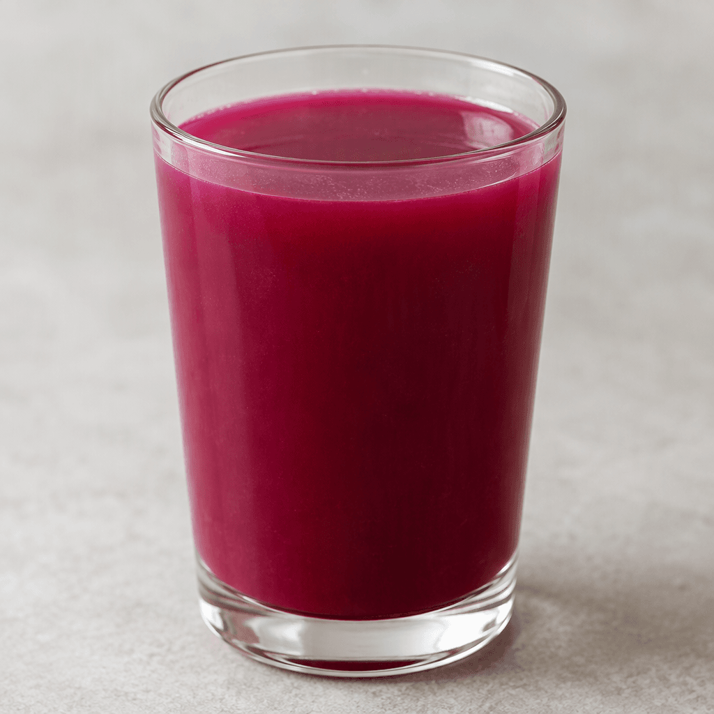 A glass filled with deep reddish-purple fermented turnip juice, with a slightly cloudy appearance and a smooth, opaque surface.