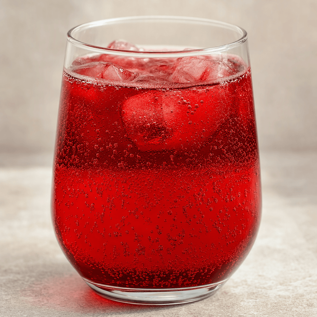 A clear, deep ruby-red carbonated drink with fine bubbles, served in a transparent glass.