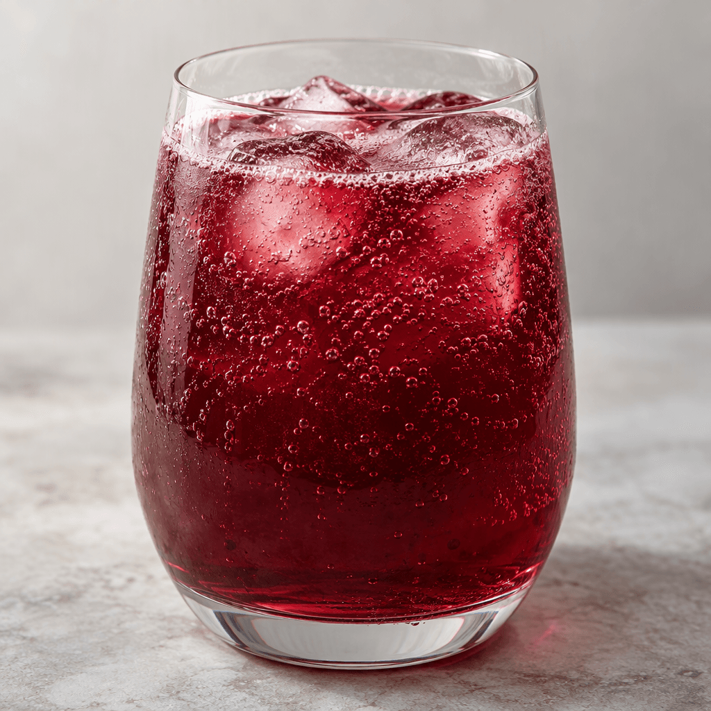 A deep ruby-purple, lightly translucent drink with fine bubbles, served in a clear glass.