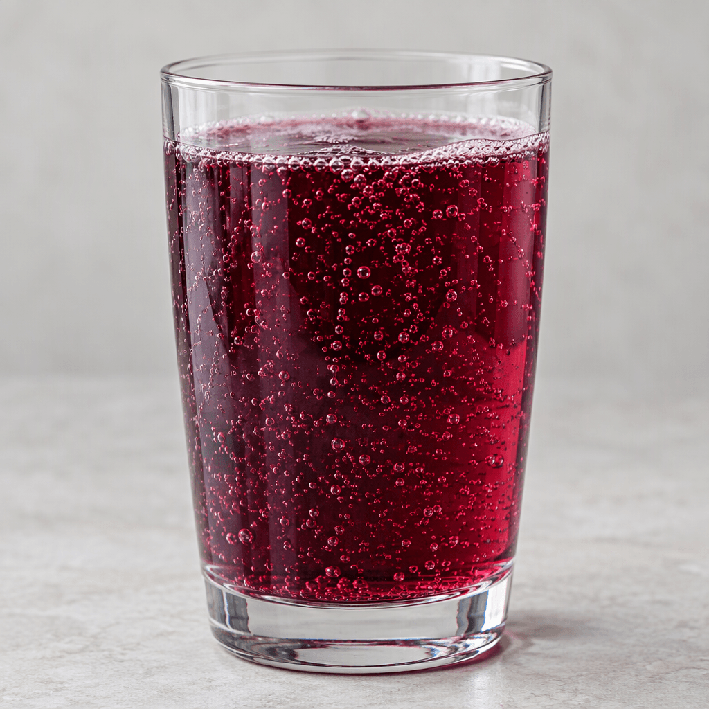A translucent deep ruby-purple carbonated drink sits in a clear glass, with fine bubbles rising through the liquid.