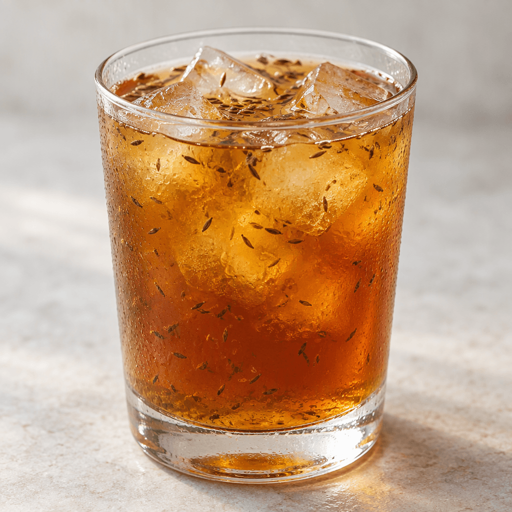 A translucent amber-brown iced tea sits in a clear glass, with ice cubes and fine brown cumin flecks visible in the drink.