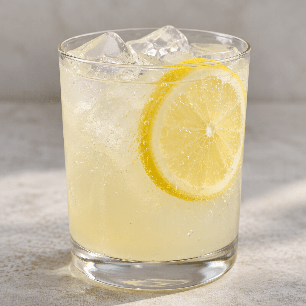 A pale, slightly cloudy yellow lemonade with tiny bubbles, served over ice in a clear glass with a thin lemon slice.