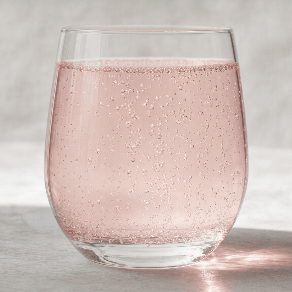 A clear glass holds pale pink, transparent sparkling water with fine bubbles rising through it.