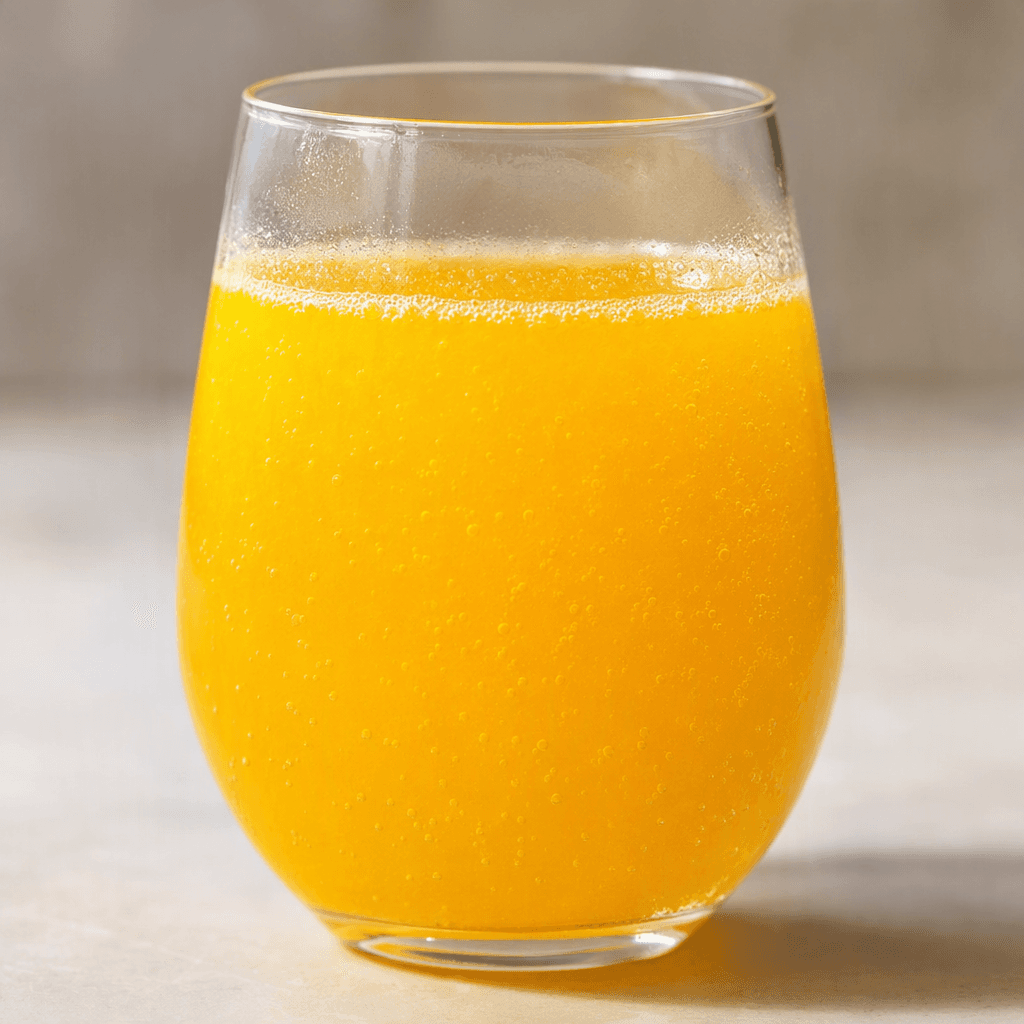 A glass filled with a bright golden-orange, slightly cloudy drink, with fine bubbles rising through the liquid.