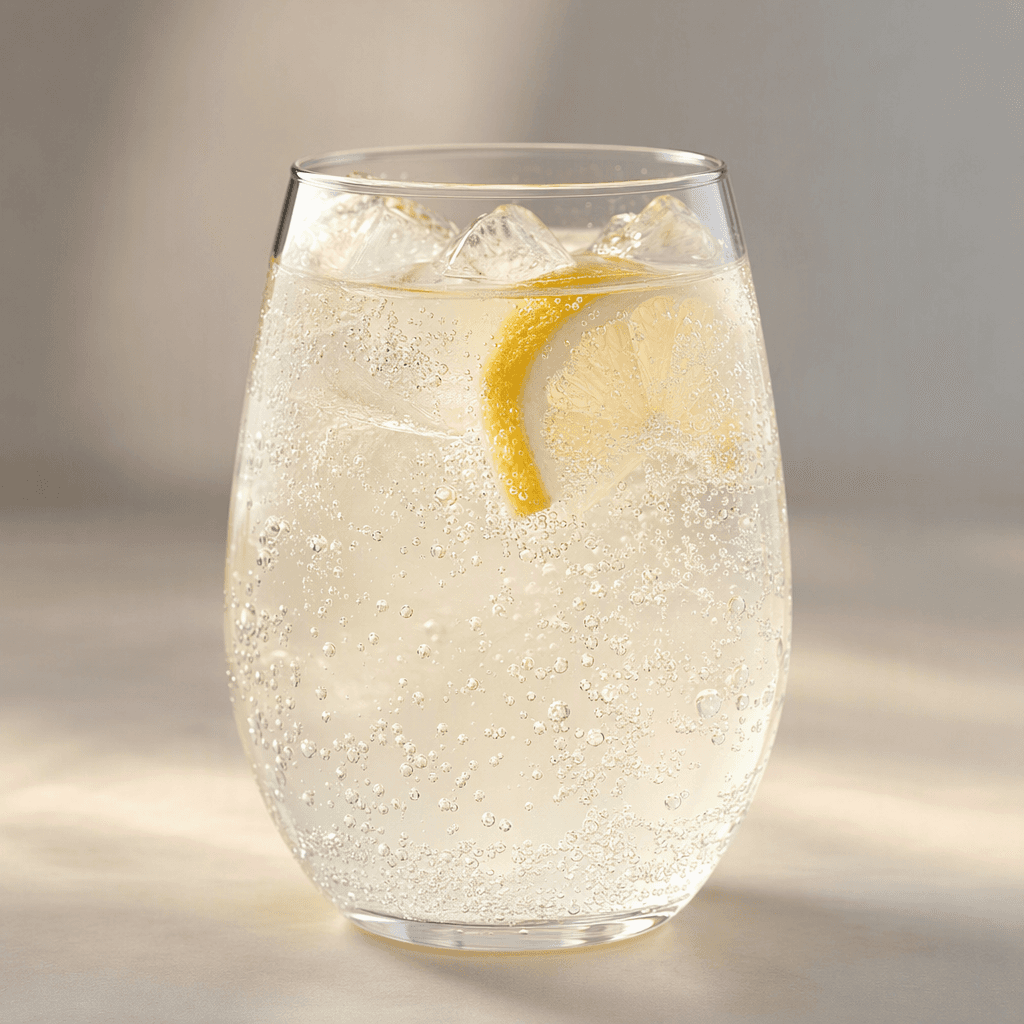 A lightly colored, clear fizzy drink sits in a glass, with fine bubbles rising through it.