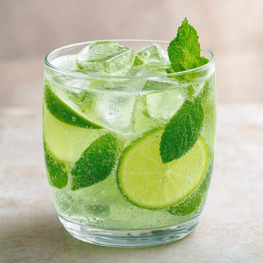 A pale green, translucent fizzy drink sits in a clear glass with ice cubes, thin lime slices and fresh mint leaves visible among the rising bubbles.