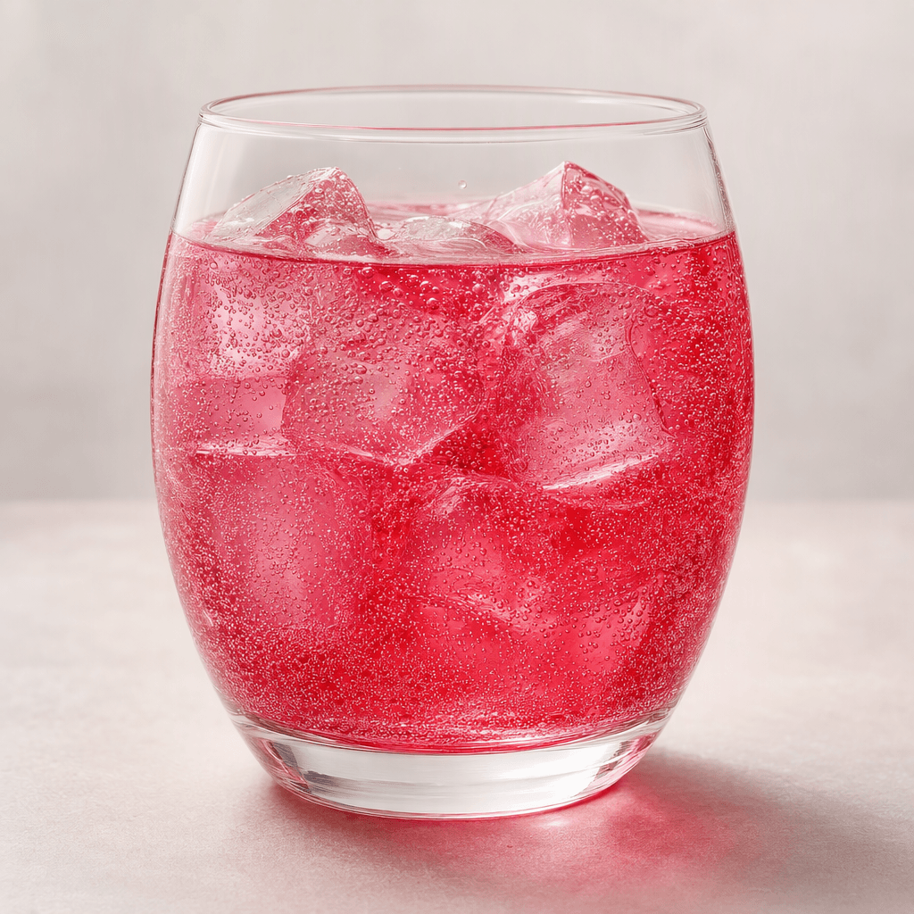 A translucent ruby-pink drink with fine bubbles throughout, appearing bright and clear when poured into a glass.