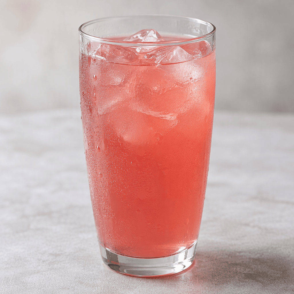 A translucent rosy-pink drink with an even, lightly cloudy appearance, served in a clear glass.