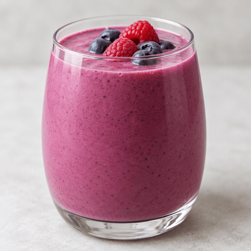 An opaque, smooth, pinkish-purple drink with an even colour, served in a clear glass.