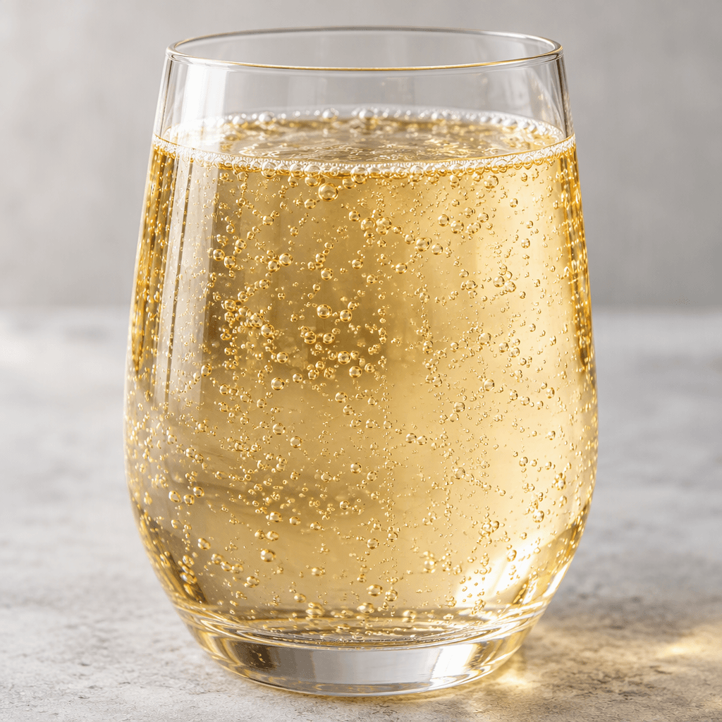 A clear, lightly golden fizzy drink sits in a glass, with fine bubbles rising through it.