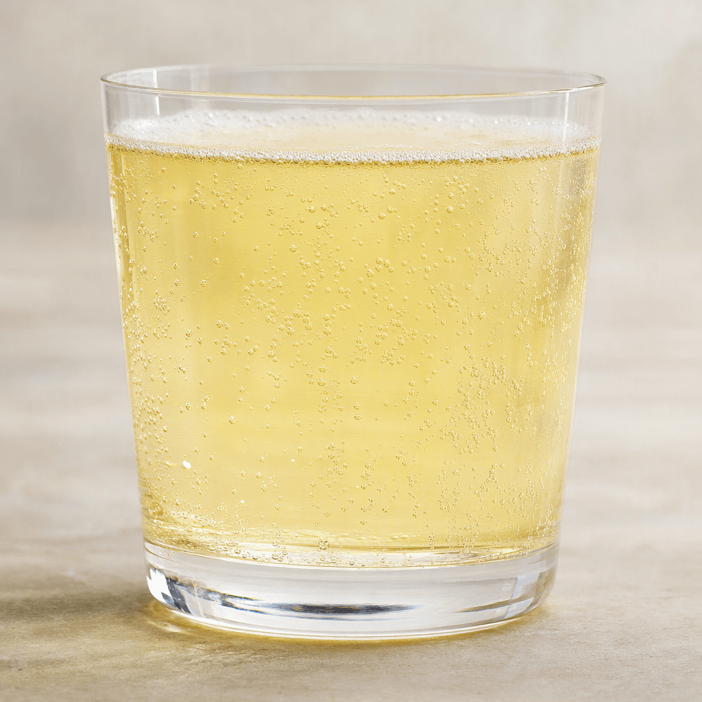 A clear, pale straw-yellow drink with fine bubbles, served in a plain glass.