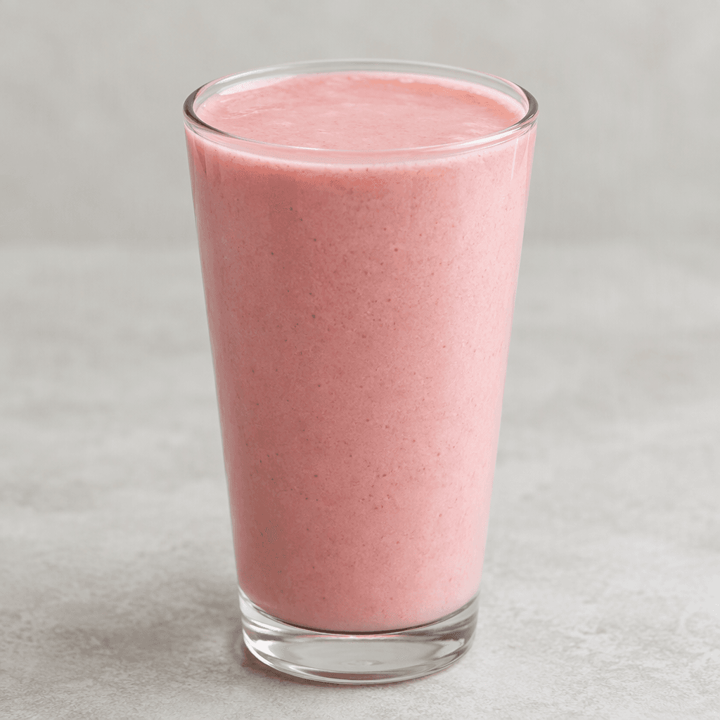 A smooth, opaque light-pink strawberry drink fills a clear glass, with an even colour and no visible pieces.