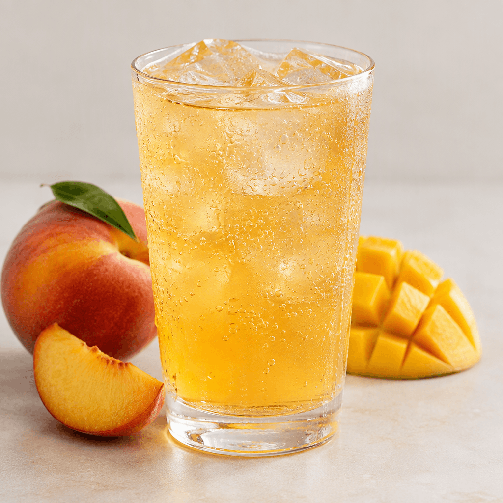 A translucent pale golden-orange drink with a clear, lightly bubbly appearance, poured into a glass over ice.