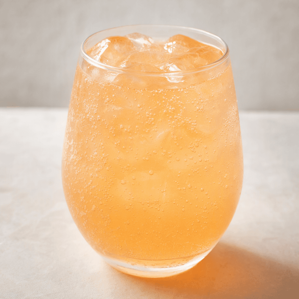 A translucent, pale peach-orange fizzy drink with fine bubbles rising through it, served in a clear glass.