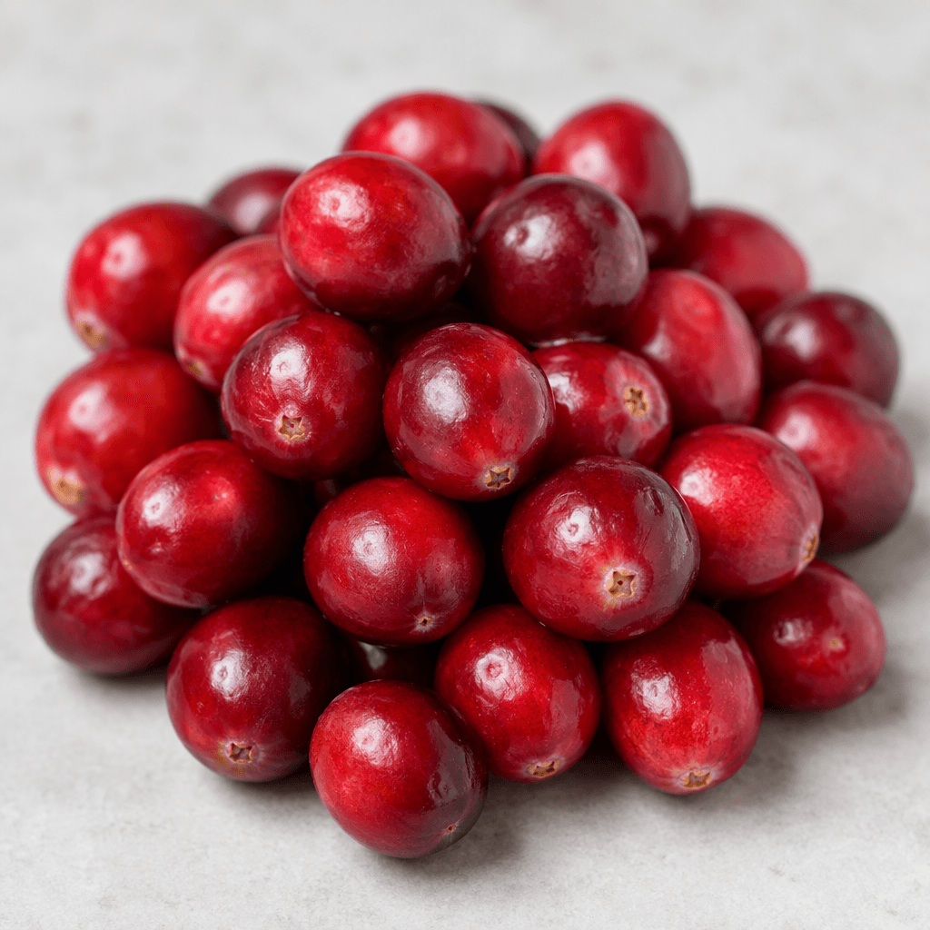Small, round cranberries with smooth, taut, glossy skins in vivid red to deep crimson, each with a subtle dimple at one end.