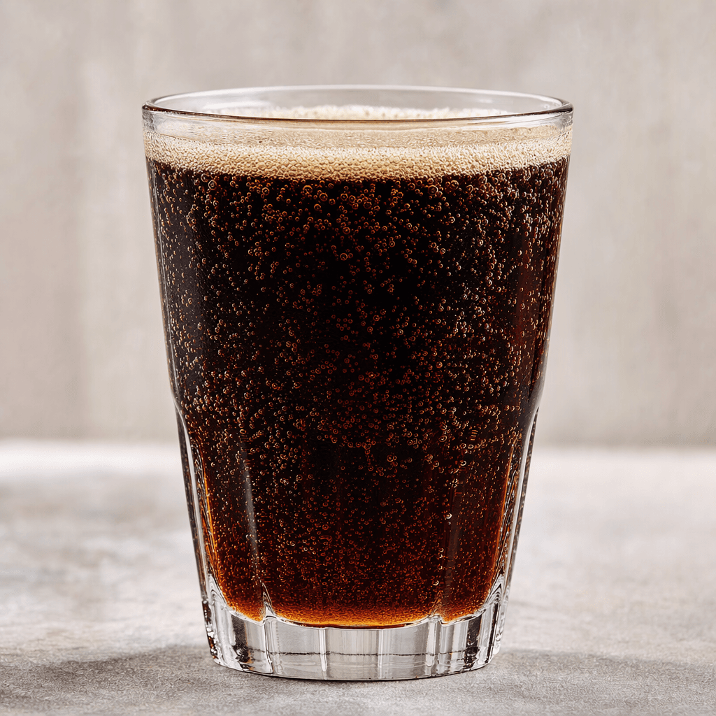 A clear glass filled with dark brown, nearly black fizzy cola, with fine bubbles rising through it and a thin layer of pale tan foam at the top.
