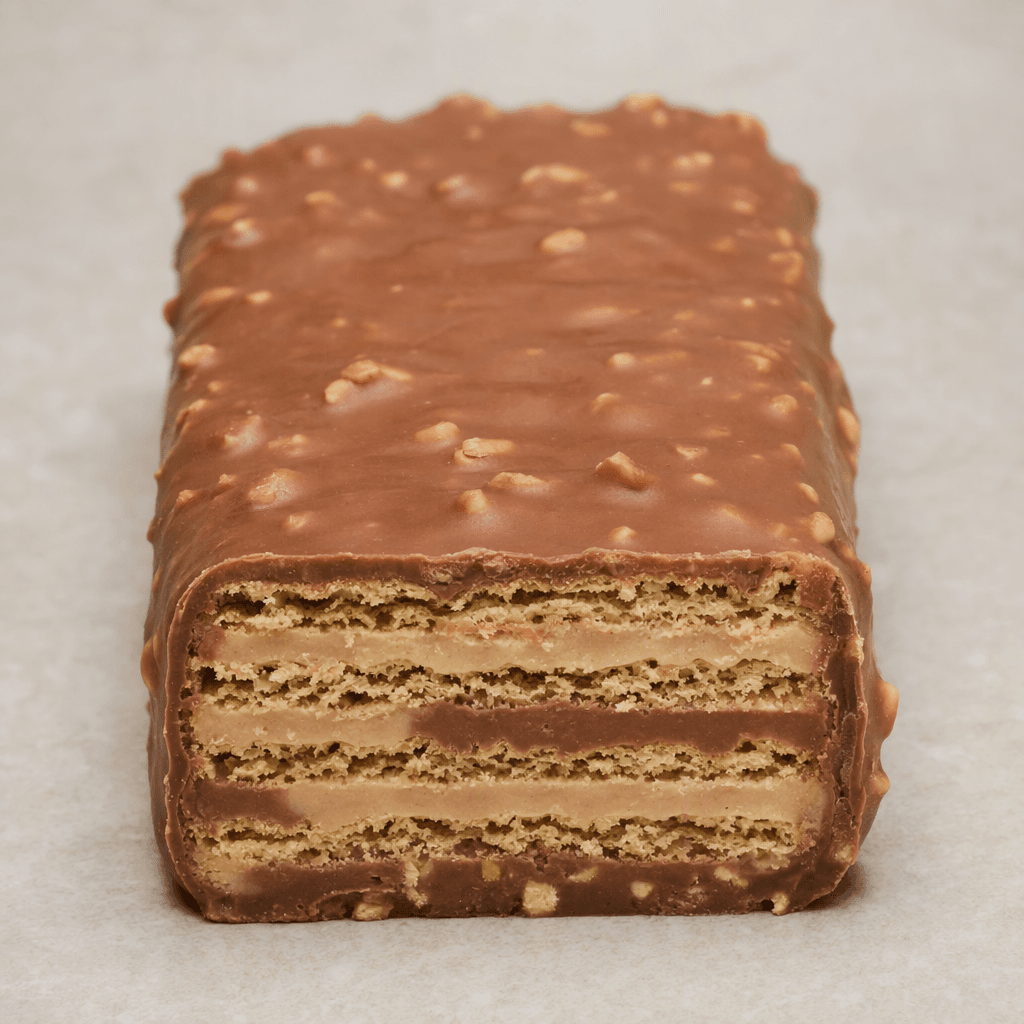 A rectangular bar with a light-brown chocolate coating, its crisp wafer layers and alternating pale milk and brown hazelnut cream visible at the cut end, dotted with small nut pieces.