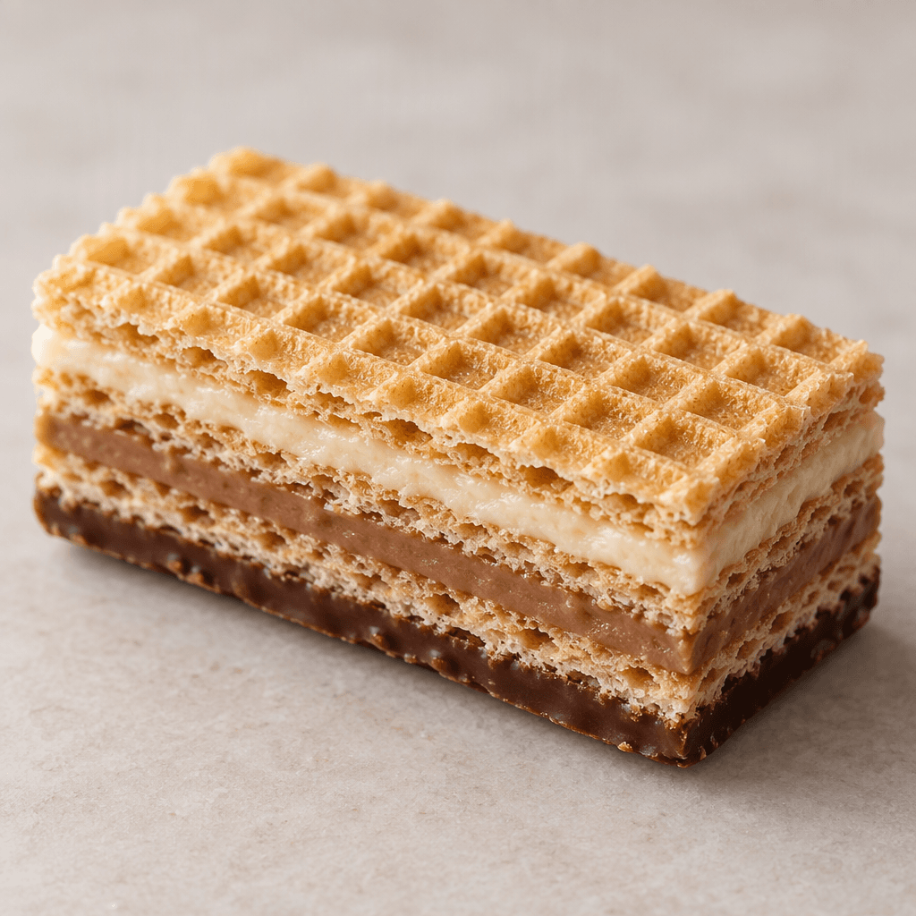 A small rectangular wafer bar with a golden, grid-patterned top and crisp beige wafer layers enclosing pale cream and a light-brown hazelnut layer, with a thin chocolate layer along the base.