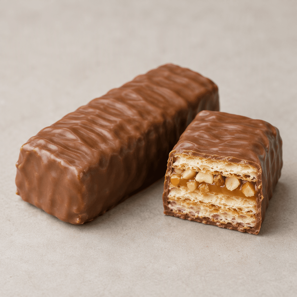 A rectangular milk-chocolate-coated bar with a slightly rippled surface, shown whole beside a cut piece revealing crisp pale wafer layers, light cream, a caramel layer and chopped hazelnut pieces.