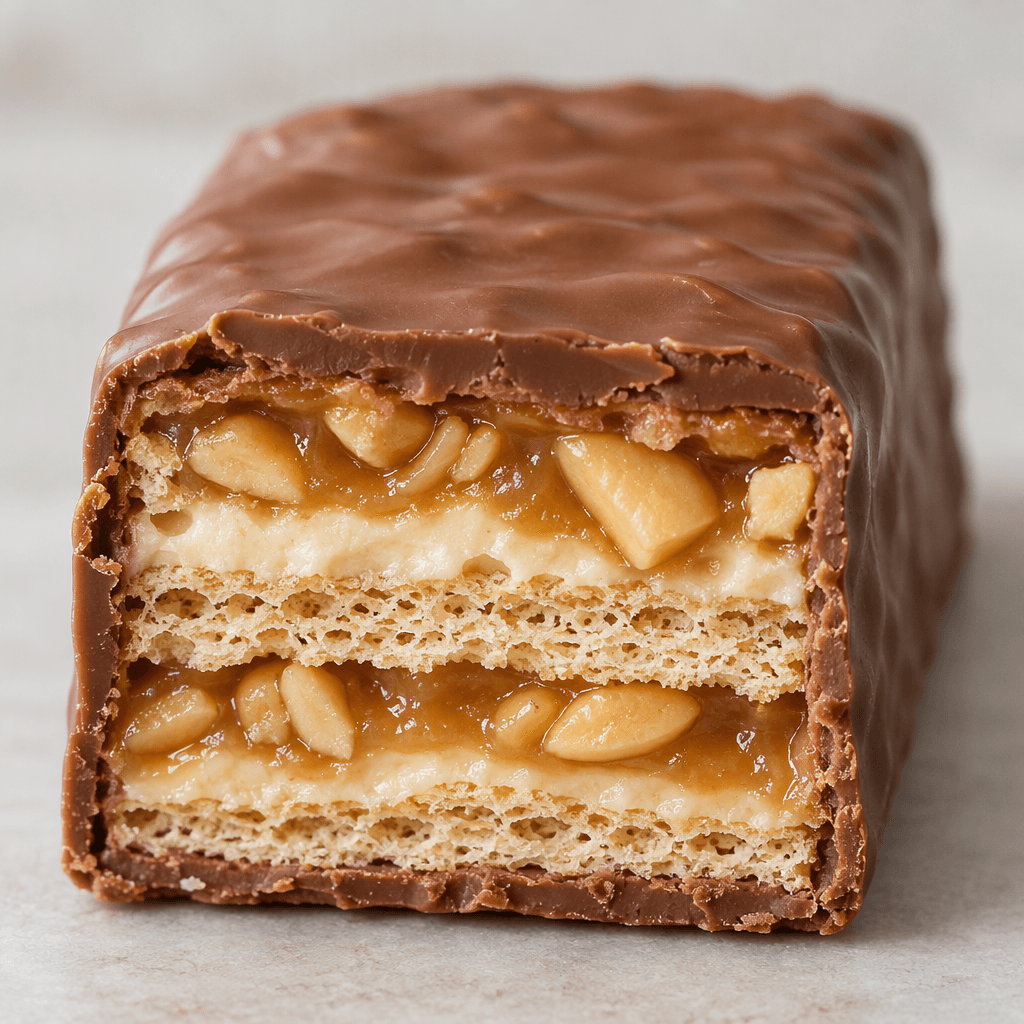 A rectangular milk-chocolate-coated bar with a layered cross-section of crisp pale wafers, light cream and caramel, with peanut pieces visible inside.