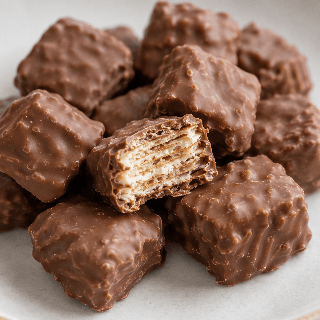 Small, bite-sized, roughly rounded-square pieces are scattered together, their milk-chocolate coating slightly uneven, with one broken open to show thin crisp wafer layers and pale cream inside.