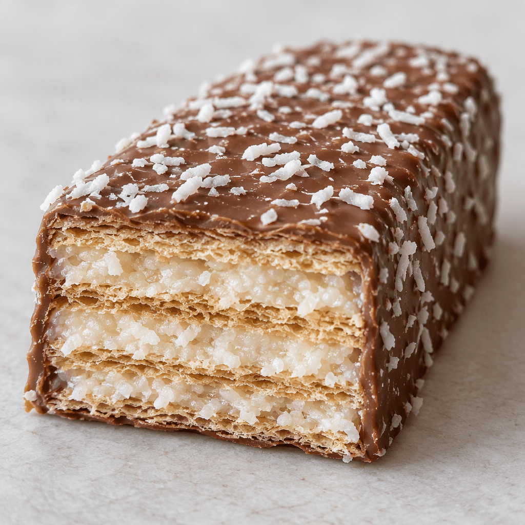 A rectangular bar with crisp, thin wafer layers and pale coconut-colored cream inside, coated in milk chocolate and dotted with fine coconut flakes.