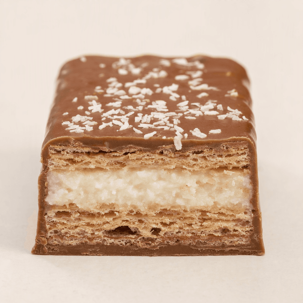 A rectangular milk-chocolate-coated bar with a pale coconut-cream layer and thin, crisp wafer layers visible in its cross-section, with a few fine coconut flakes on the surface.