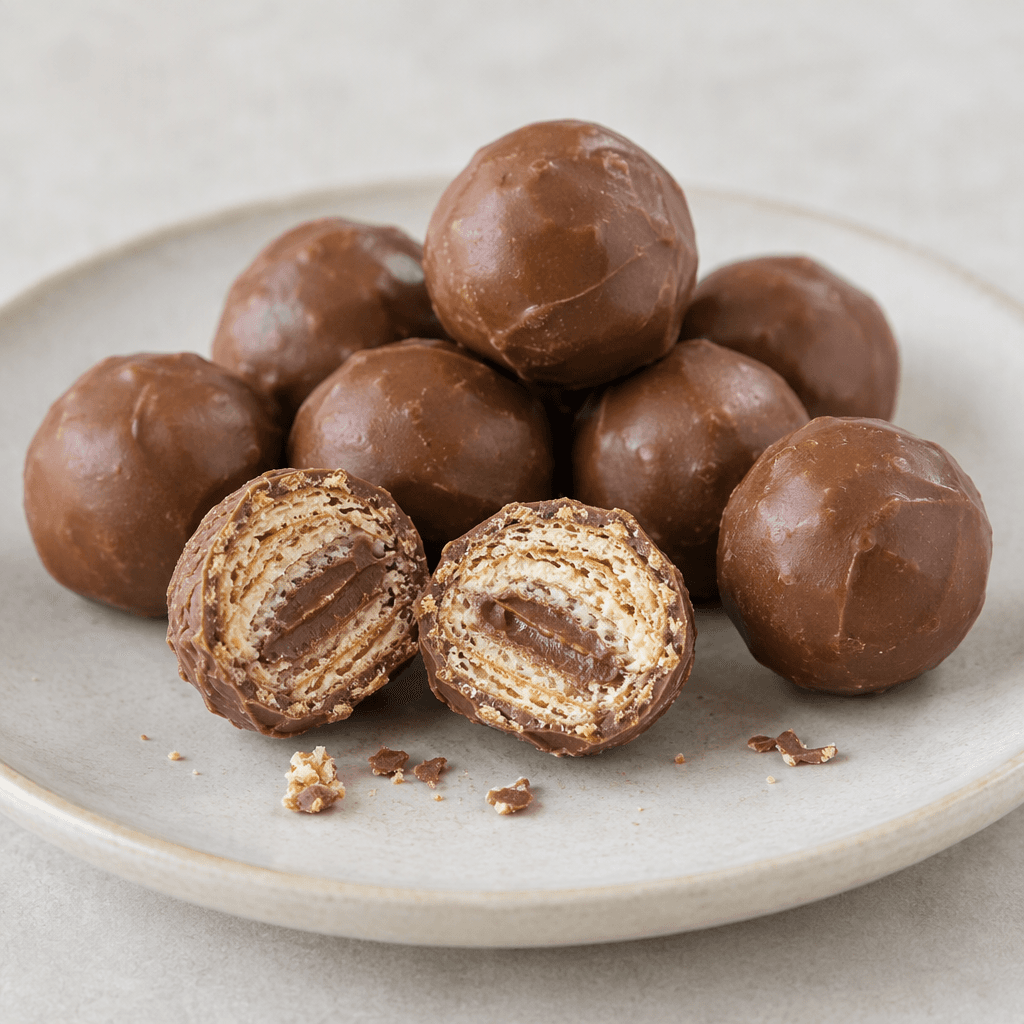 Several small, round milk-chocolate-coated wafer balls, some cut open to show thin crisp wafer layers and pale cream with a darker hazelnut filling, are arranged on a plate with a few crumbs nearby.