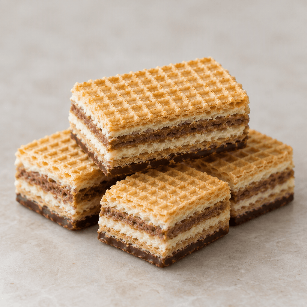 Small, squat rectangular wafer bars with golden, grid-textured tops, showing thin layers of pale cream and brown hazelnut cream between crisp wafers and a narrow chocolate base.