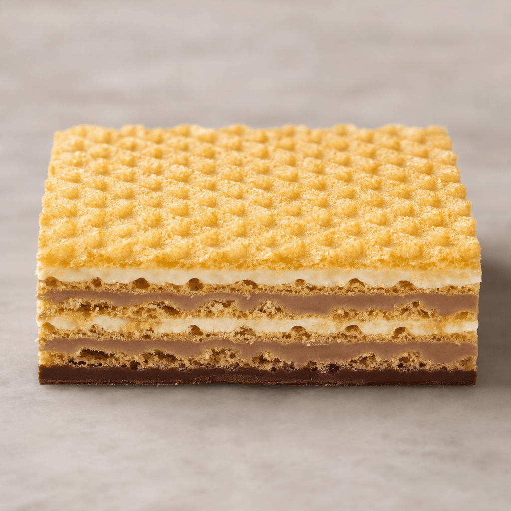 A compact rectangular wafer with crisp, golden grid-patterned layers, pale cream and light-brown hazelnut filling visible between them, and a thin dark-chocolate layer along the bottom.