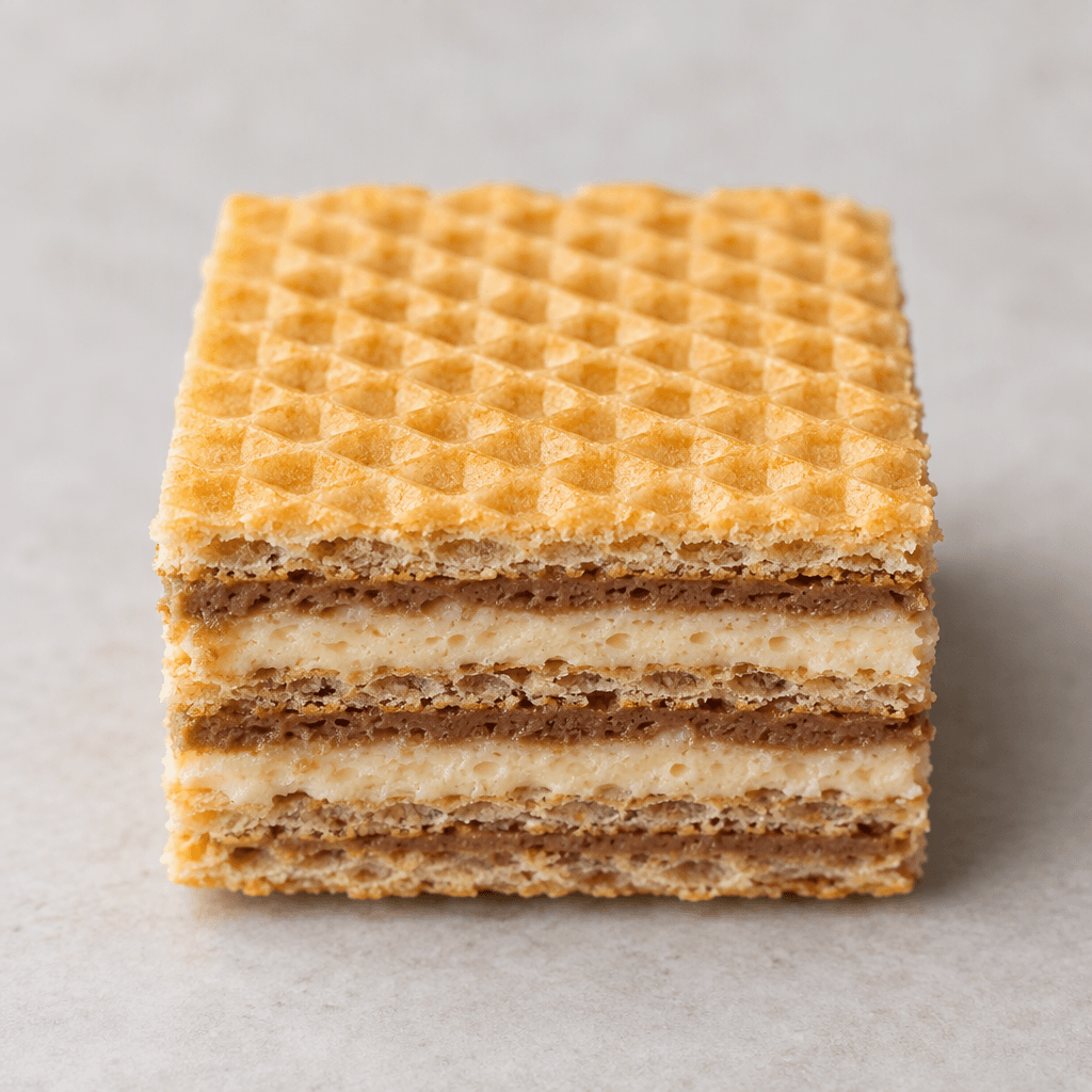 A small rectangular wafer bar with a golden, grid-textured top and crisp wafer sheets enclosing pale milk-colored and light-brown cream layers, shown in cross-section.