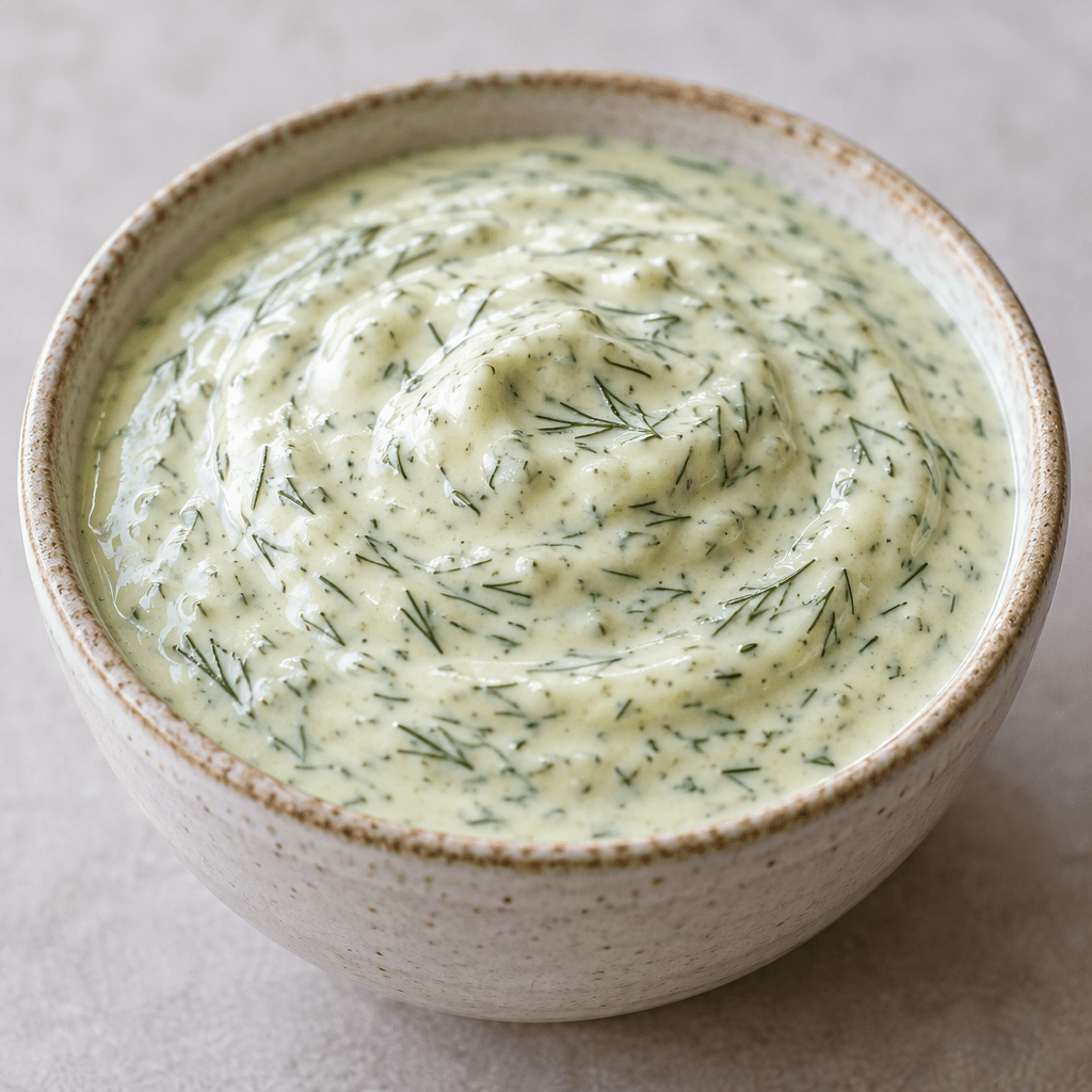 A thick, smooth, pale greenish-cream dressing with fine green dill flecks, pooled in a small bowl.