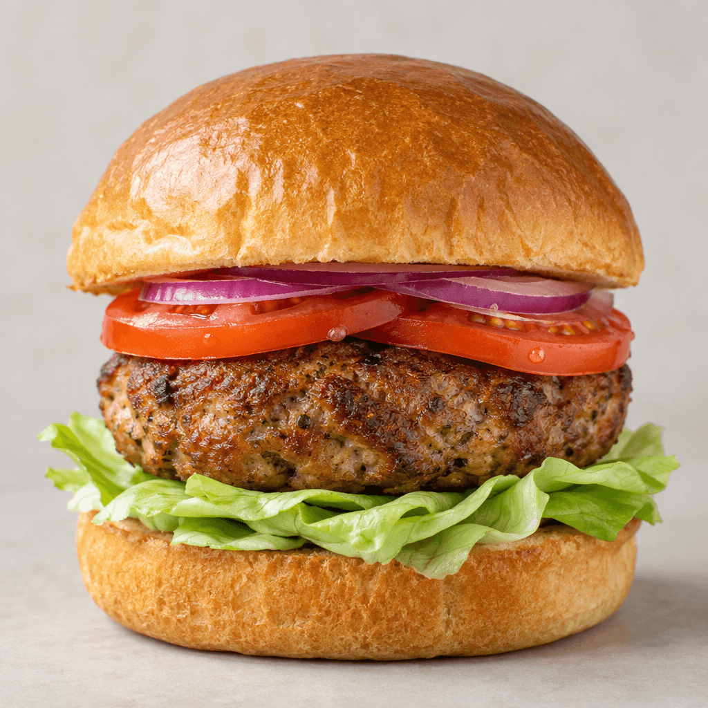 A golden-brown round meatball patty sits inside a soft toasted burger bun, layered with pale green lettuce, red tomato slices, and thin purple onion, with the filling visible between the bun halves.
