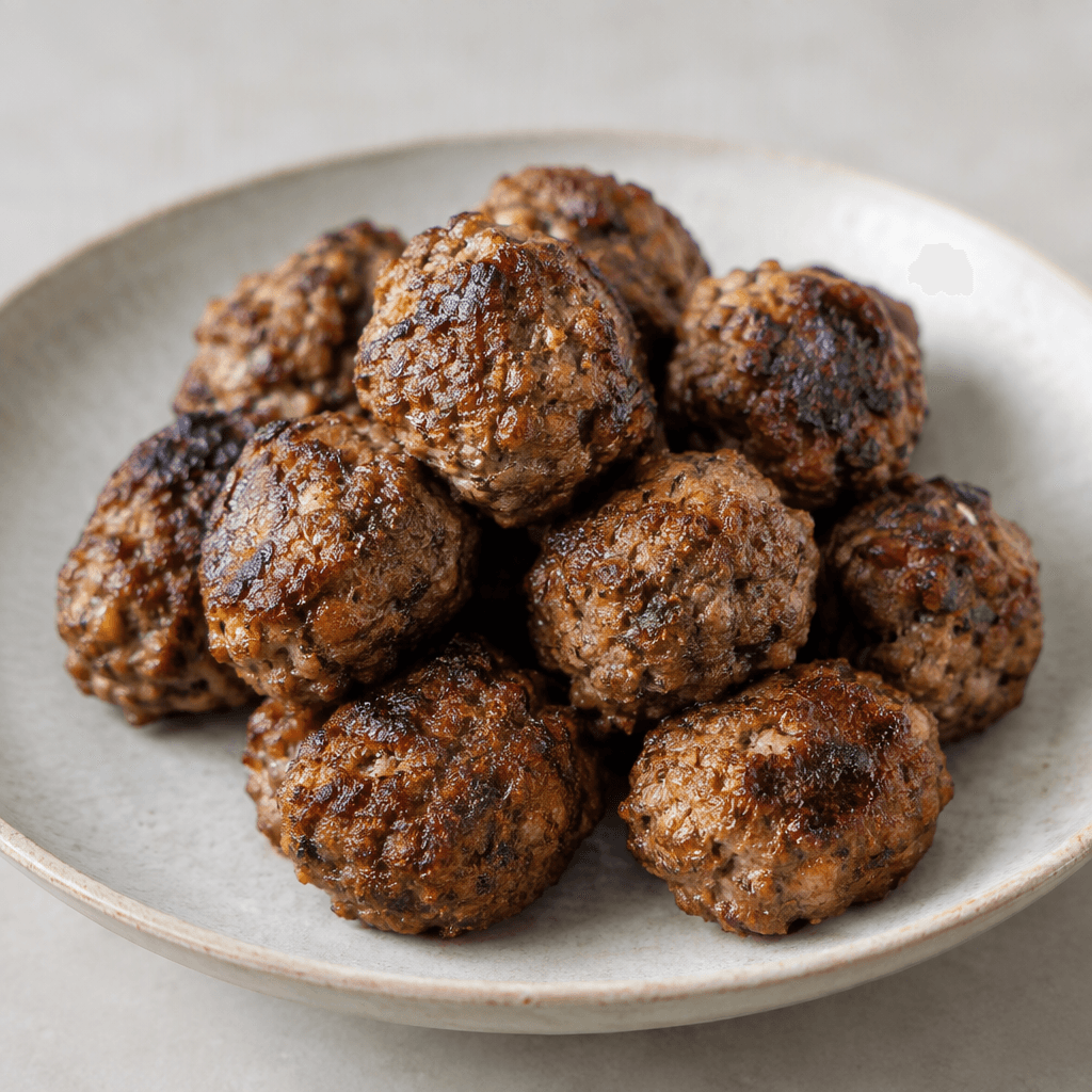 Several small, irregularly round meatballs with a deep brown, roasted exterior, lightly charred spots, and a coarse, textured surface are arranged on a plate.