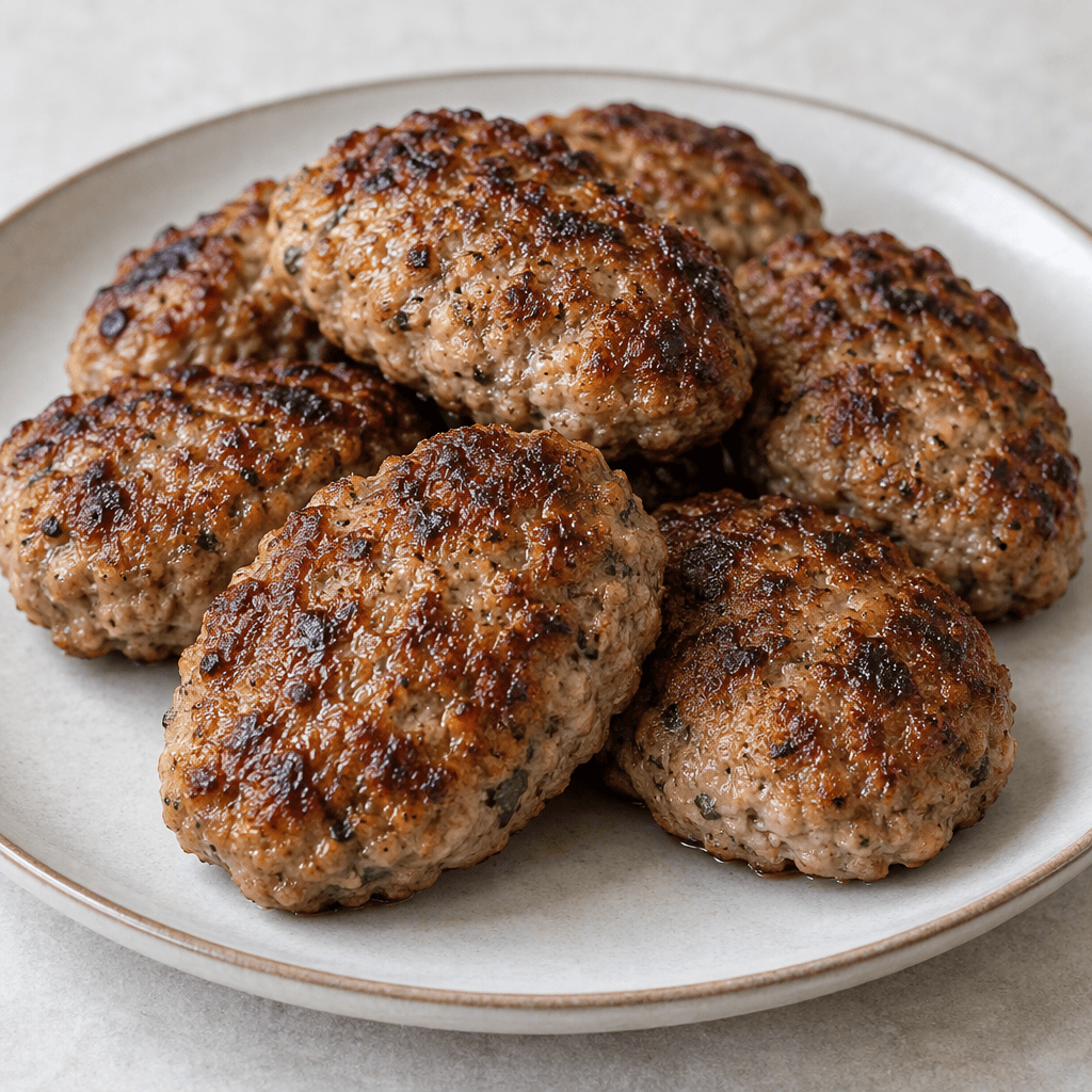 Several small, oval, slightly flattened meat patties sit on a plate, with browned, uneven surfaces and a few darker seared spots.