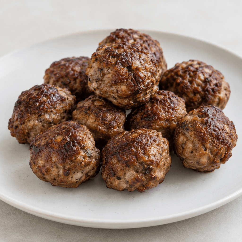 Several small, hand-formed meatballs with slightly irregular round shapes, a deep brown seared exterior, and a firm, textured surface are arranged on a plain plate.