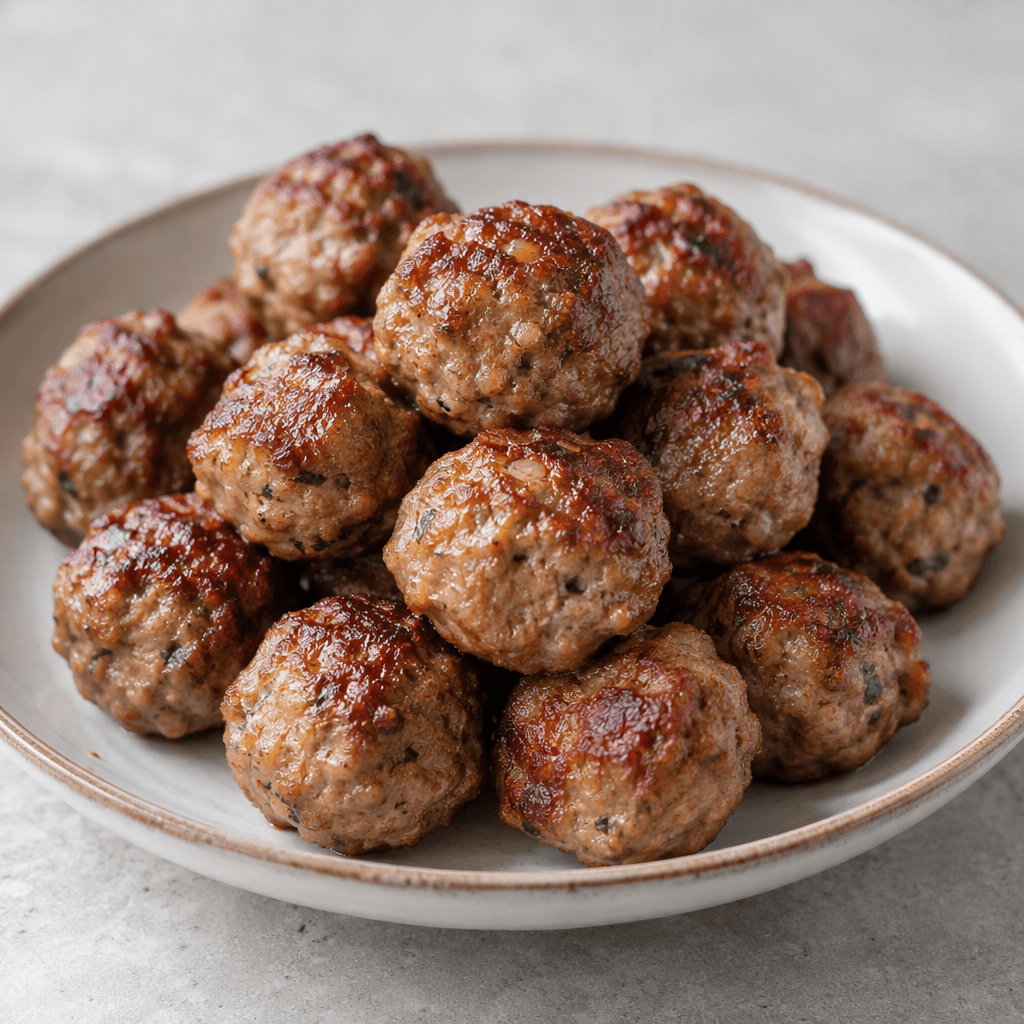 Small, round meatballs with browned, slightly uneven surfaces and a compact, finely textured appearance, arranged together on a plate.