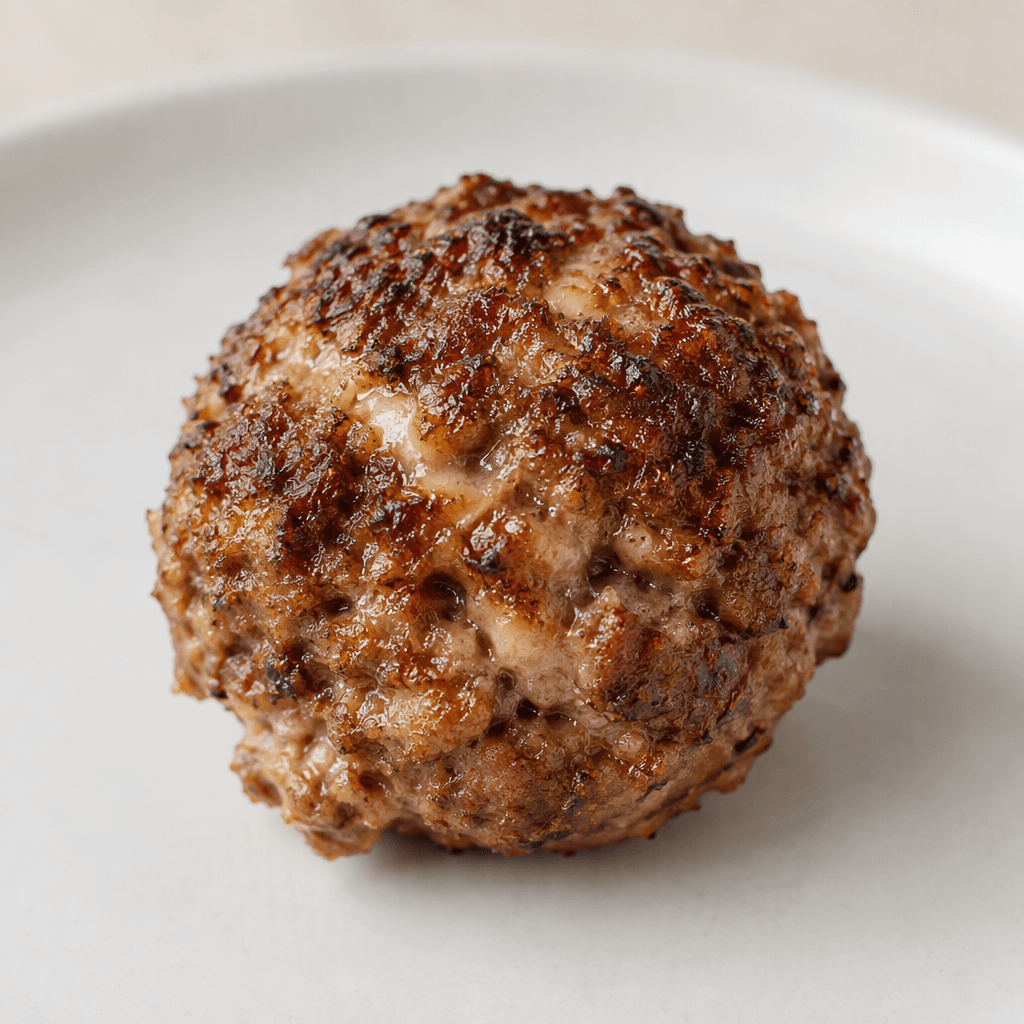A small, thick, irregularly rounded meatball with a deeply browned, craggy surface and visible pale streaks and pockets of fat within the coarse minced-meat texture, served on a plain plate.