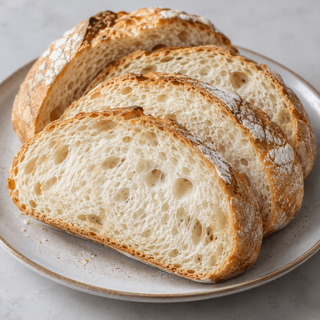 Several thick slices of white bread with a lightly golden, flour-dusted crust and a soft, airy crumb are arranged on a plate.