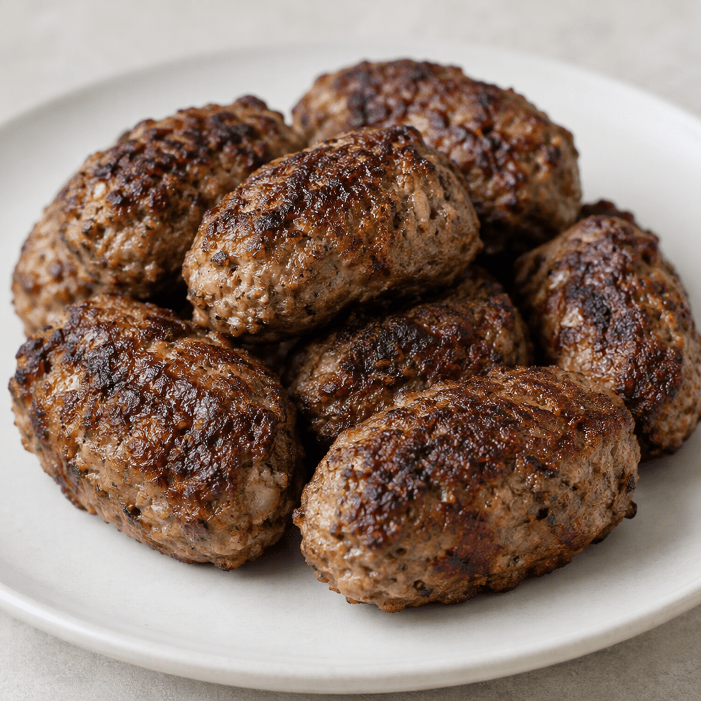 Several small, thick, oblong meatballs with rounded ends sit closely together on a plate, their surfaces deep brown with darker seared patches and a coarse, slightly uneven texture.