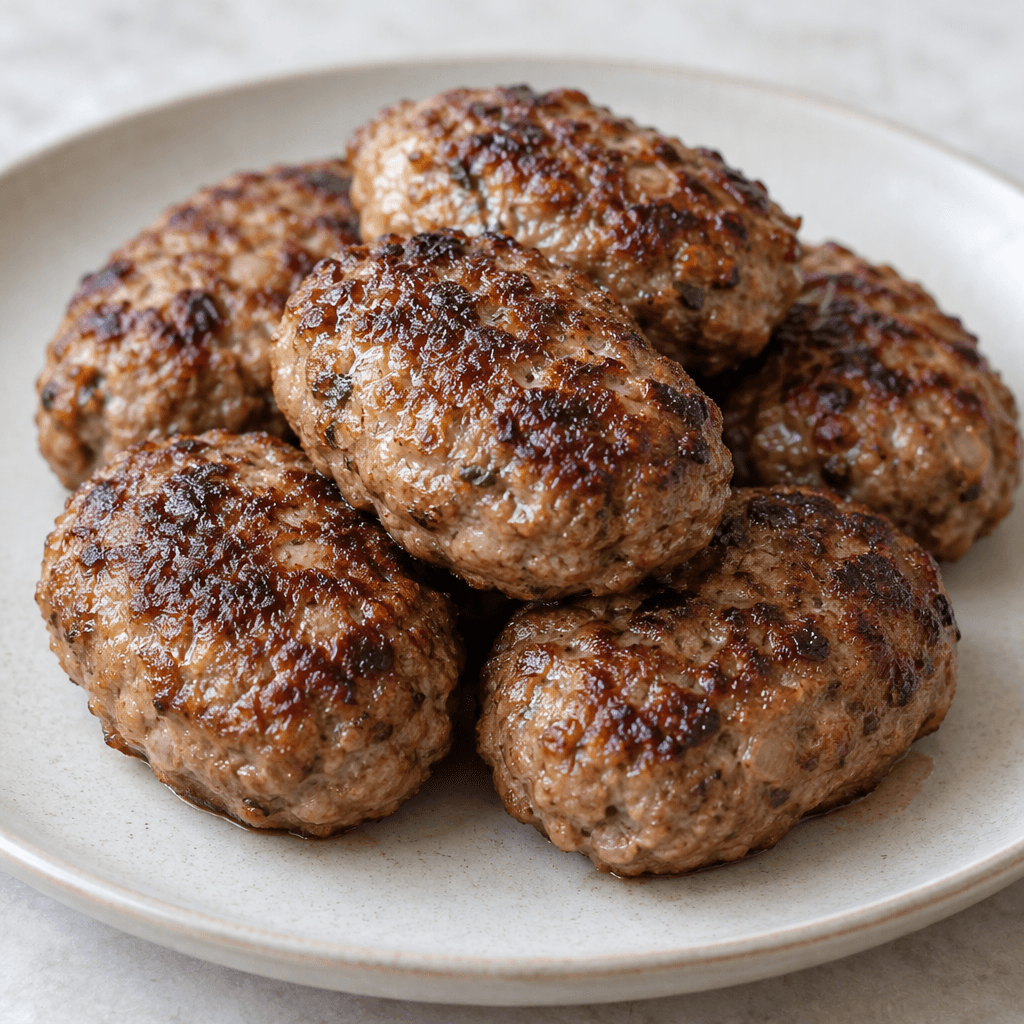 Several small, plump oval meat patties with browned, slightly uneven surfaces and darker seared patches are arranged on a plate.