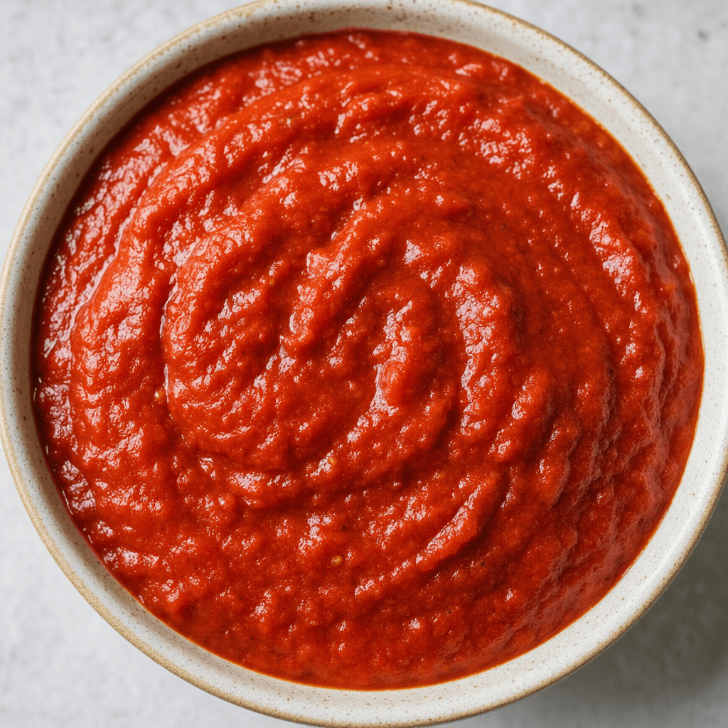 A thick, glossy red tomato sauce sits in a smooth mound, with a mostly uniform texture and a few tiny visible tomato flecks.