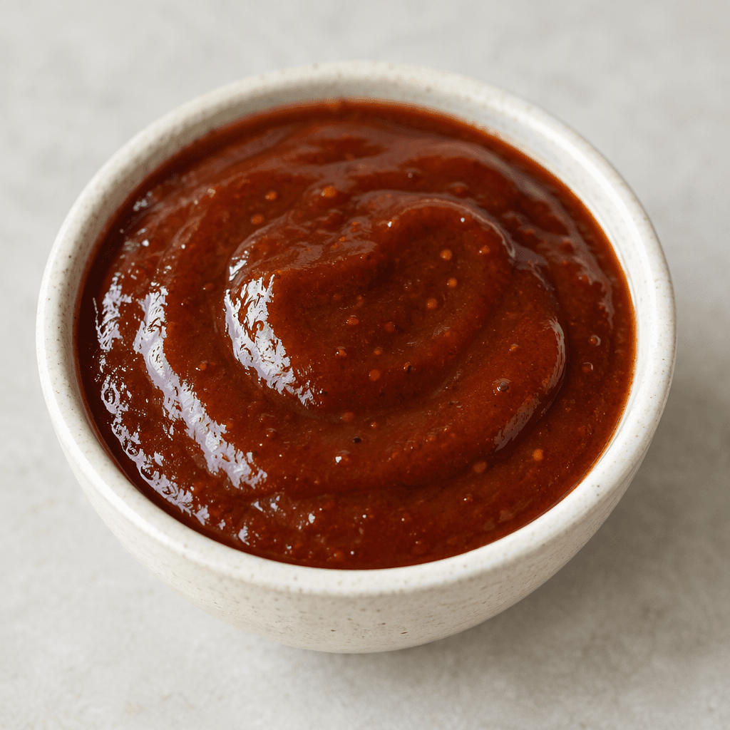 A thick, glossy, deep red-brown sauce sits in a small serving bowl, with a smooth texture and a few tiny visible flecks.