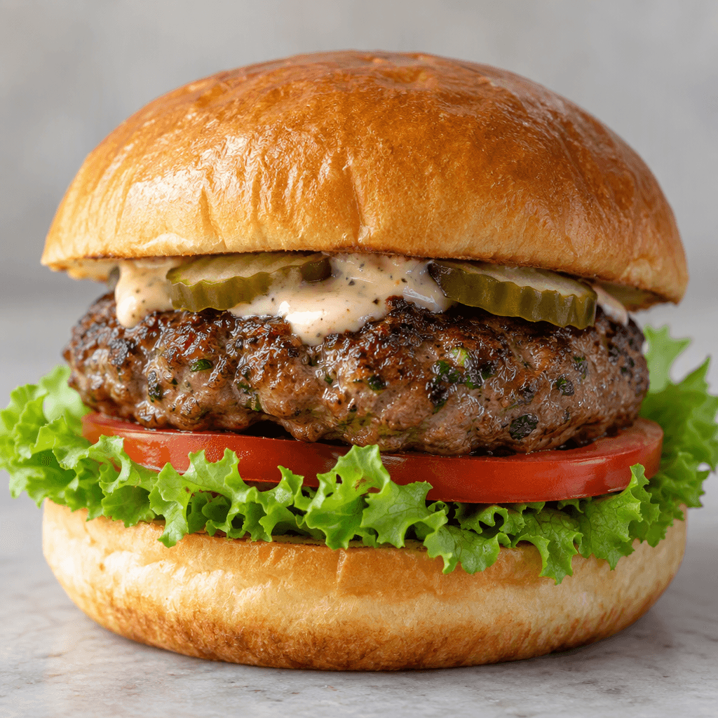 Yumuşak, yuvarlak burger ekmeğinin arasında tek parça, kızarmış köfte; ekmek aralığından yeşil marul, kırmızı domates, turşu dilimleri ve az miktarda sos görünür.