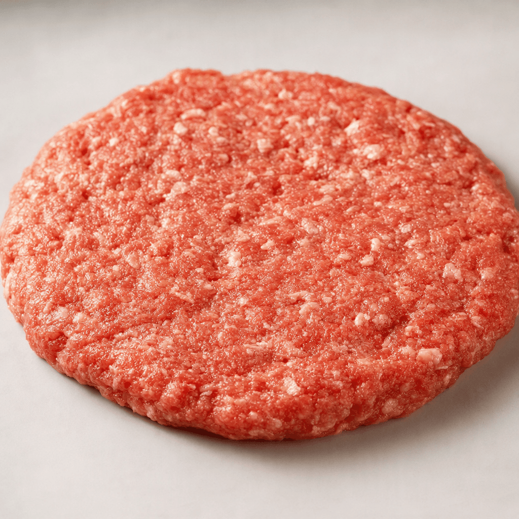 A thin, flattened oval patty of finely minced meat, pinkish red with small pale flecks and a slightly uneven surface.