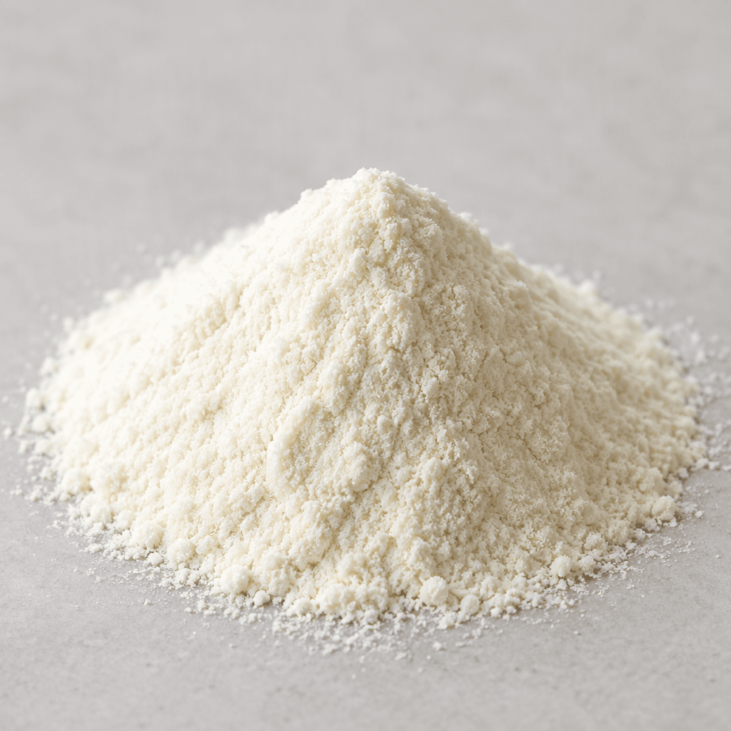 A small mound of fine, loose collagen powder, nearly white to pale cream, with a dry, silky, flour-like texture on a plain surface.