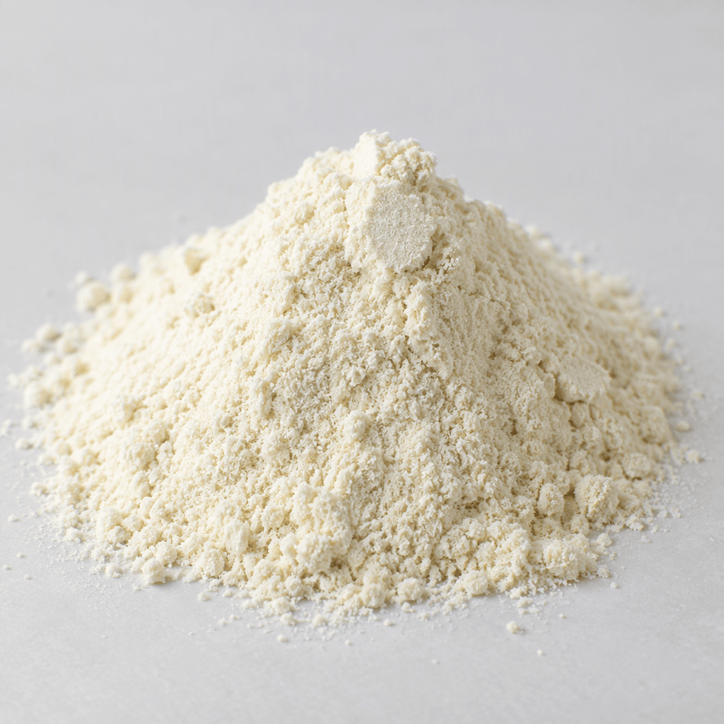 A fine, pale ivory powder with a smooth, slightly granular texture, gathered in a small loose mound on a plain surface.