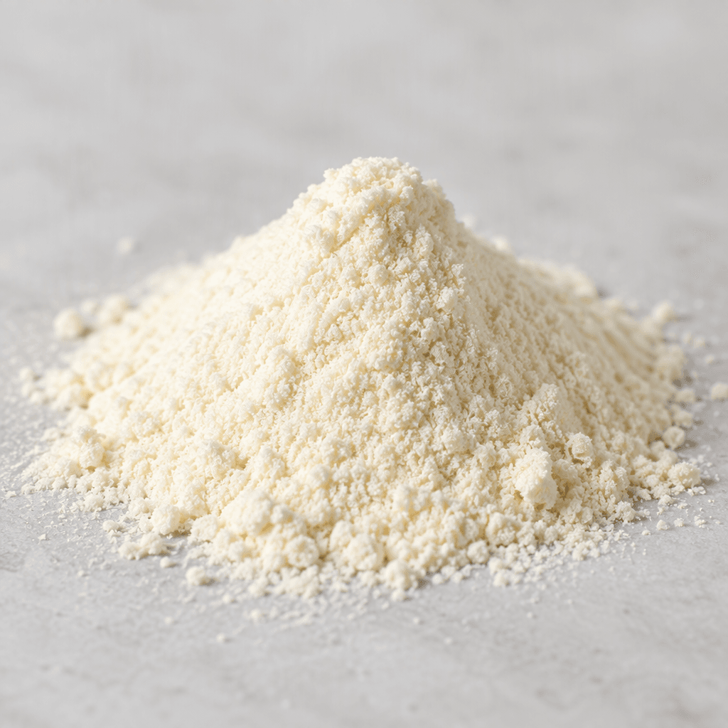 A small mound of fine, pale cream-colored collagen peptide powder with a soft, slightly grainy texture sits on a clean surface.