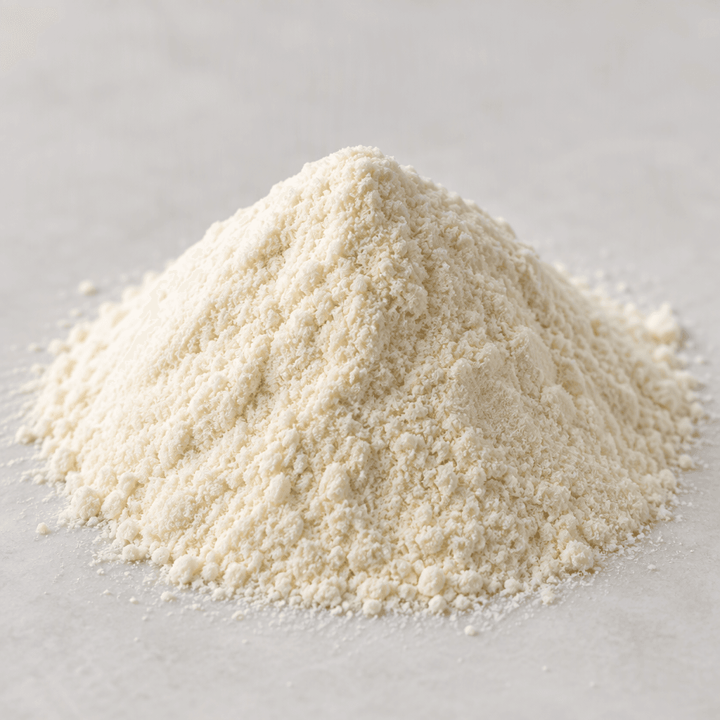 A loose mound of fine, dry collagen peptide powder with a soft ivory to pale cream colour and a smooth, slightly granular texture.